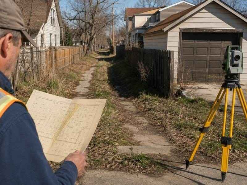 Land surveyor comparing historic subdivision records with a former city alley that has been absorbed into neighboring residential properties.