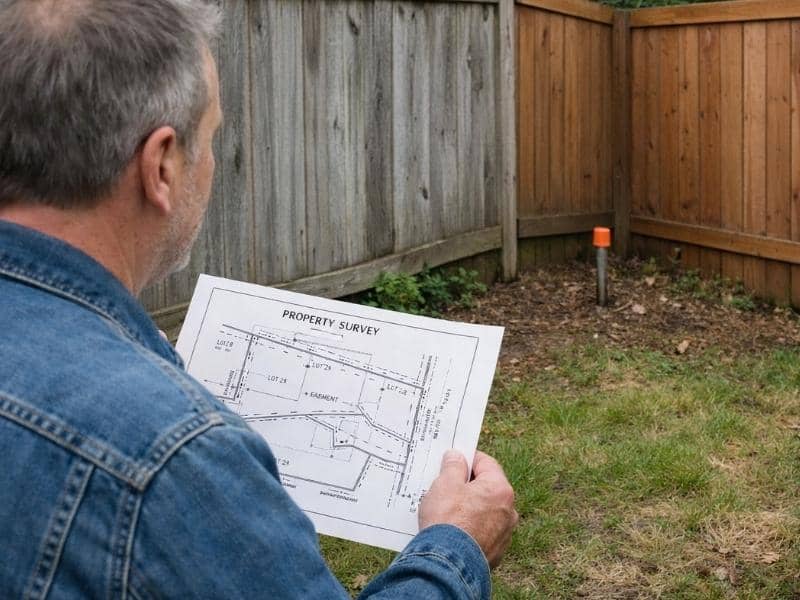 Homeowner holding a property survey map while checking a property marker in the backyard to find property lines
