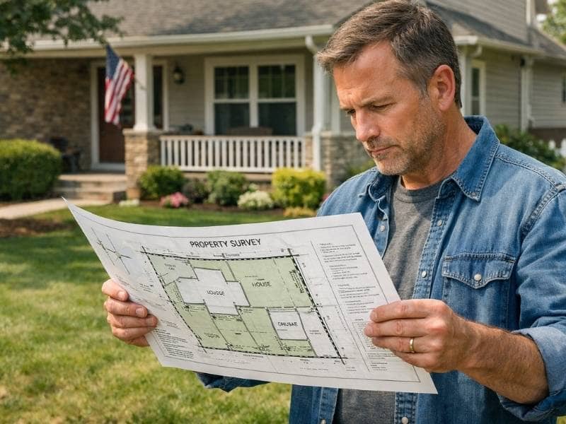 Homeowner reviewing a survey map in front of their house to better understand property line boundaries