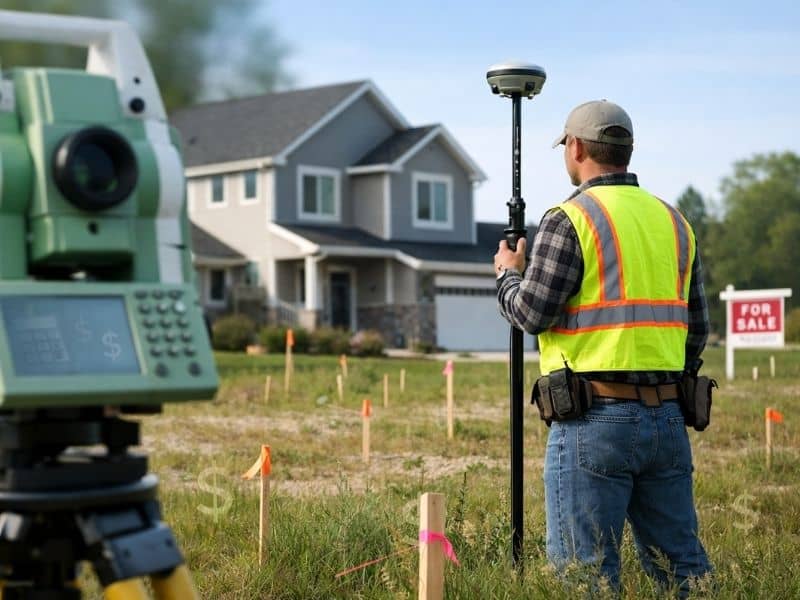 Land surveyor using GPS and total station on a residential lot with stakes, representing land survey cost considerations