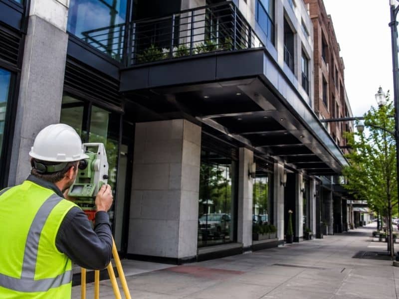 Surveyor measuring a projecting balcony and canopy extending above a public sidewalk
