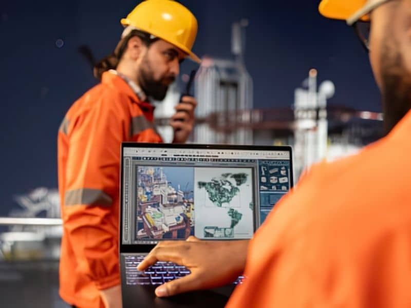 Construction engineers reviewing LiDAR elevation model data on a laptop at a jobsite to support terrain analysis and site planning.