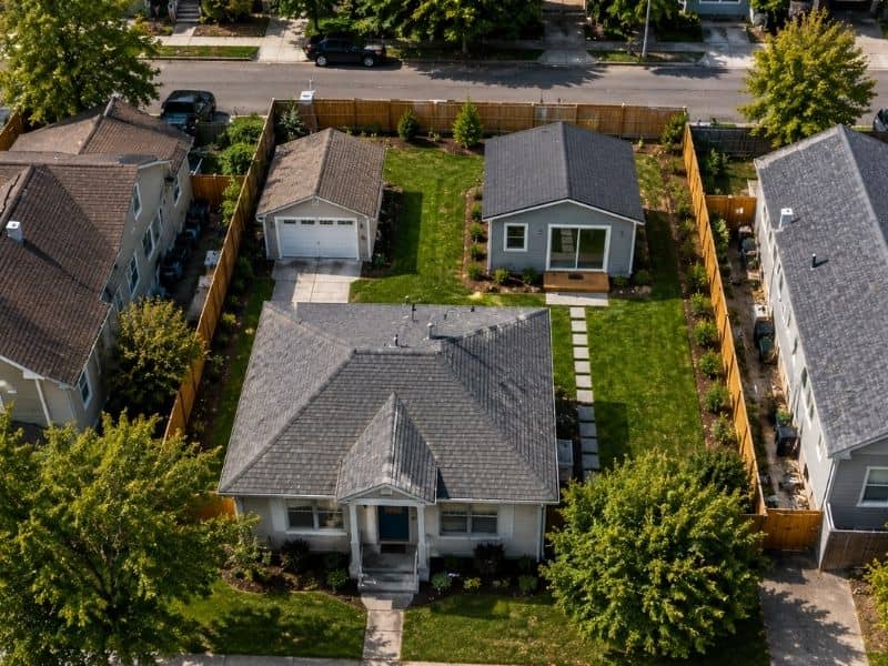 Aerial view of a Denver, CO backyard with an ADU, fences, and existing structures affecting property survey cost