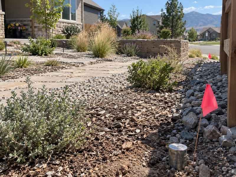 Property line markers in a drought tolerant yard in Denver, Colorado